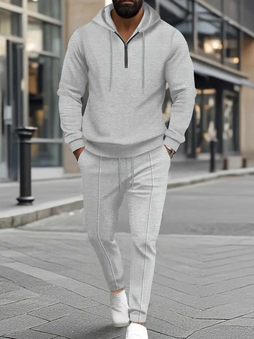 Men's Full Size Waffle-Knit Half Zipper Hoodie and Pants Set Plus Size, image 3