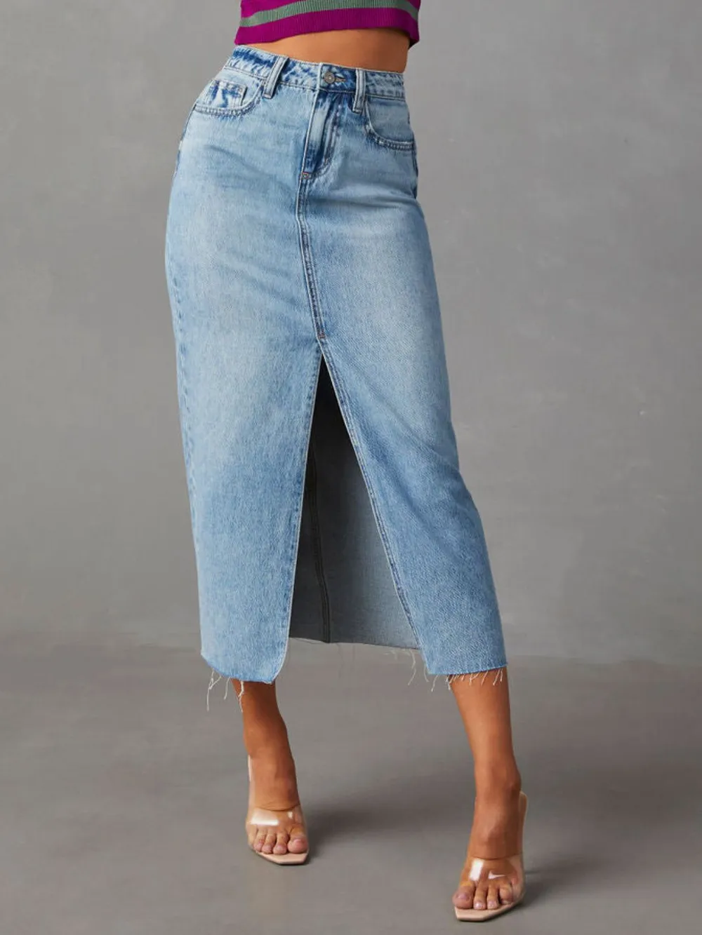 Raw Hem Front Slit Denim Midi Skirt, image 3