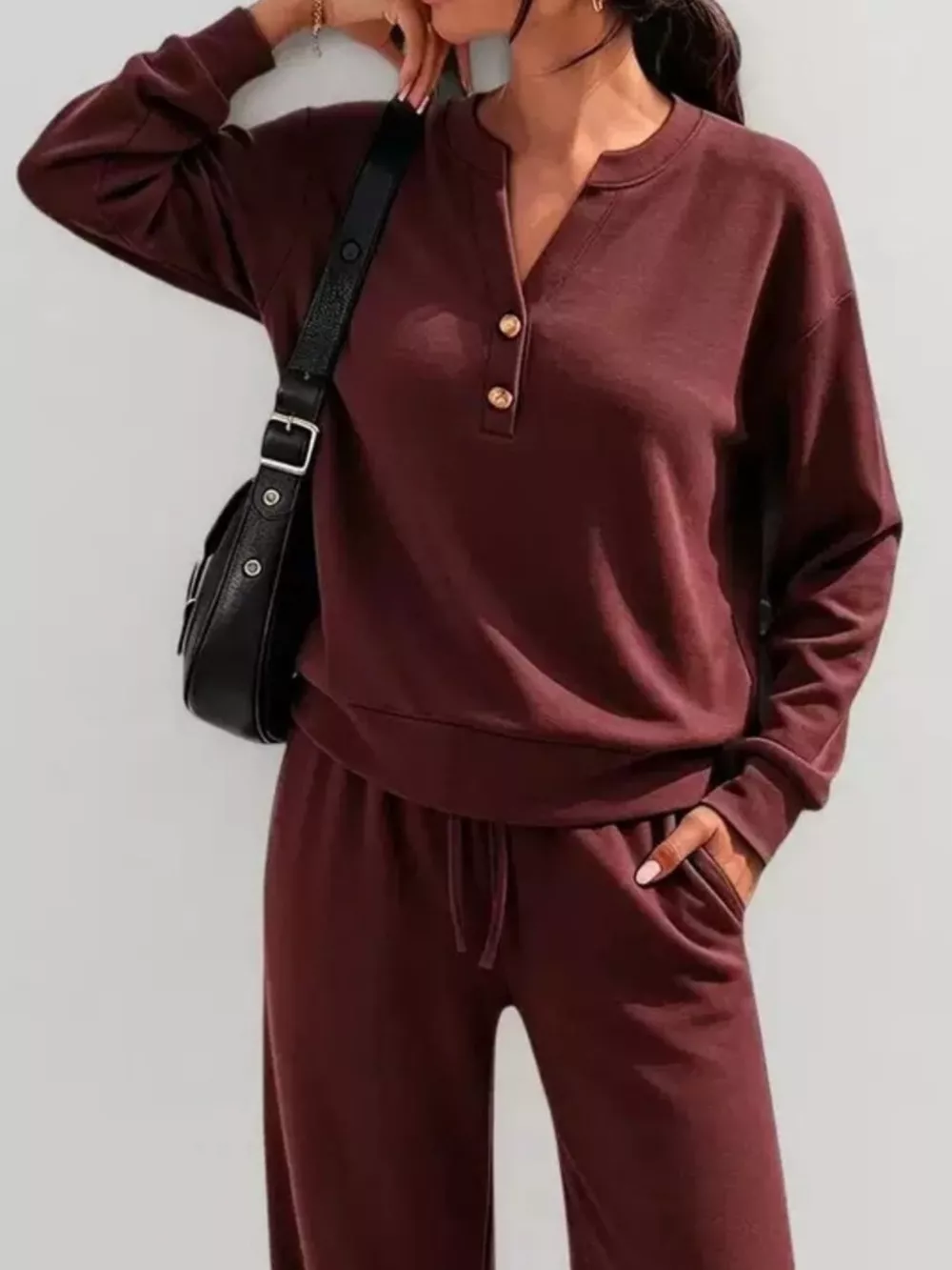 Button Detail Dropped Shoulder Top and Pants Set, image 30