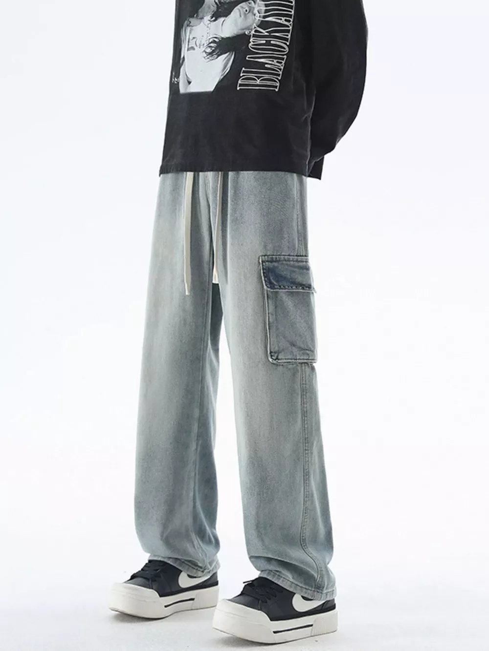 Men's Drawstring Wash Wide Leg Jeans