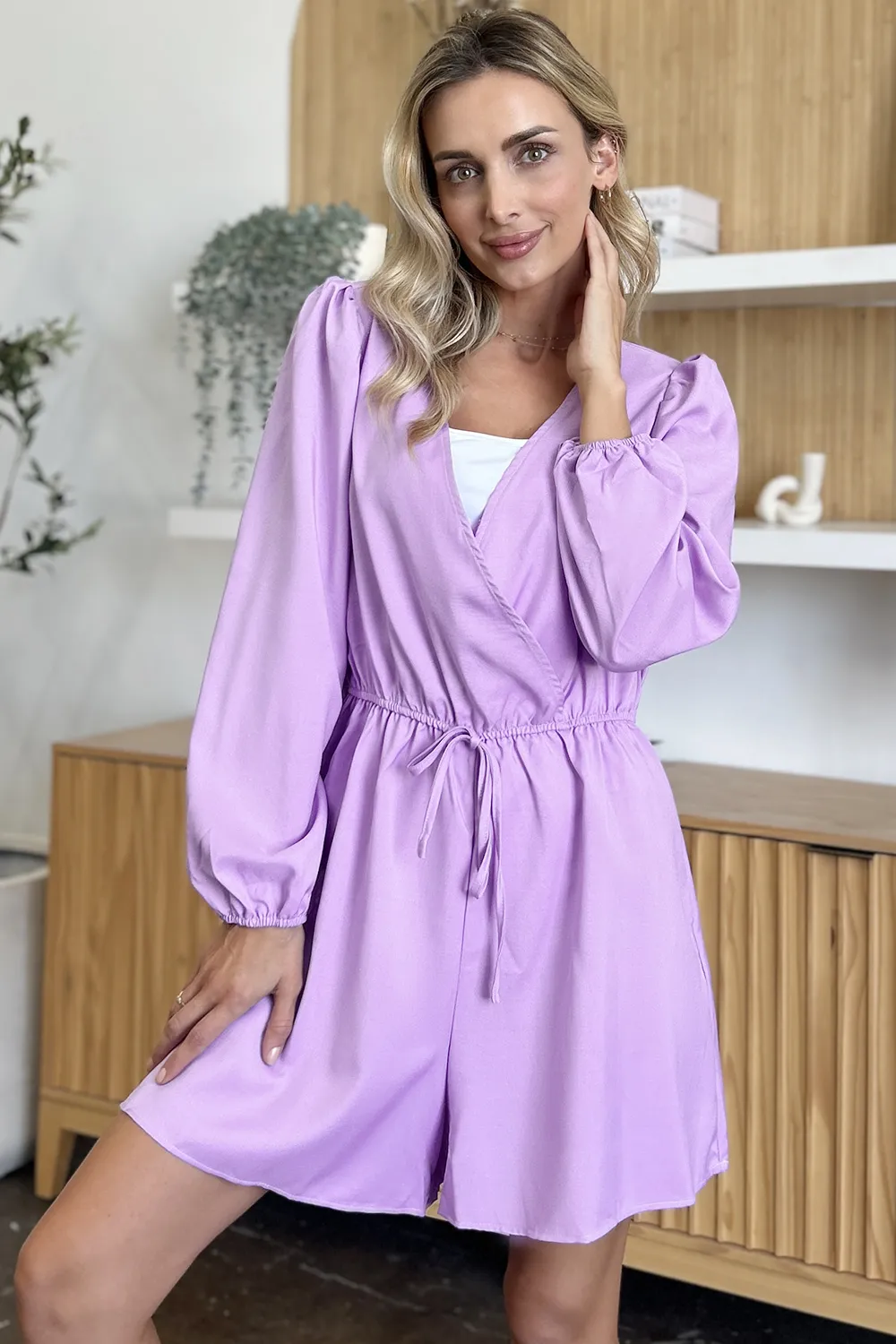 Full Size Drawstring Long Sleeve Romper, image 8