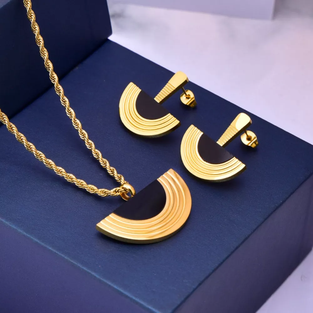 Geometric Half-Circle 18K Gold Plated Necklace Ring and Earrings Jewelry Set, image 4