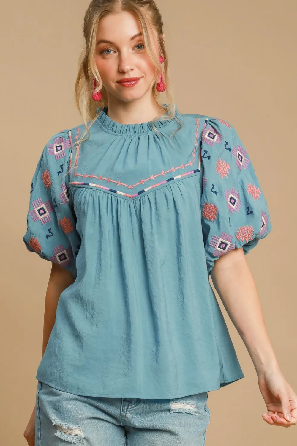 Full Size Embroidered Puff Sleeve Mock Neck Top Plus Size