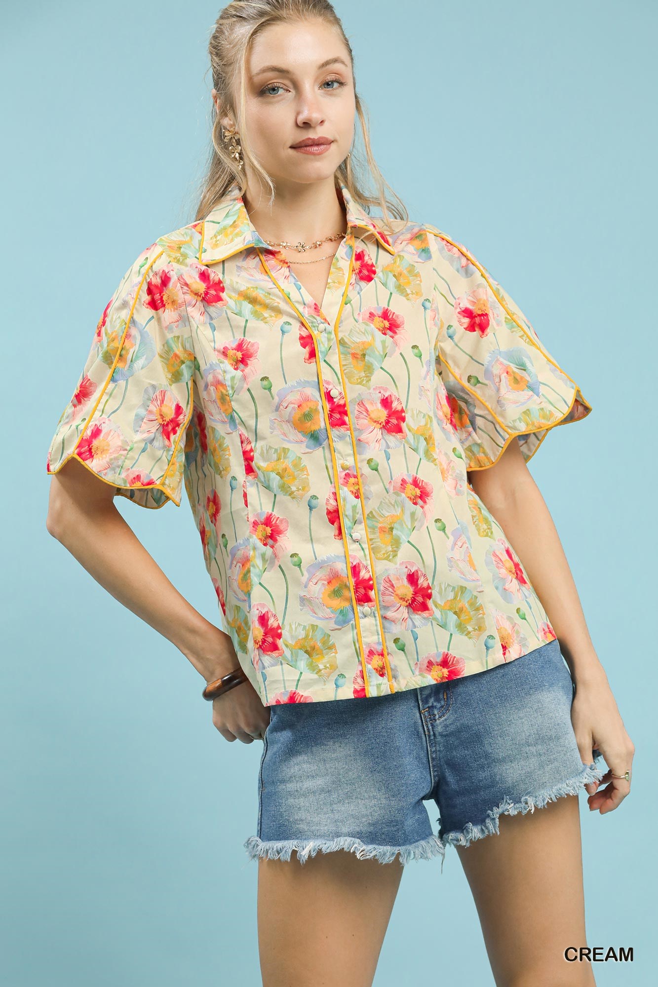 Floral Print Button-Down Blouse with Flutter Sleeves