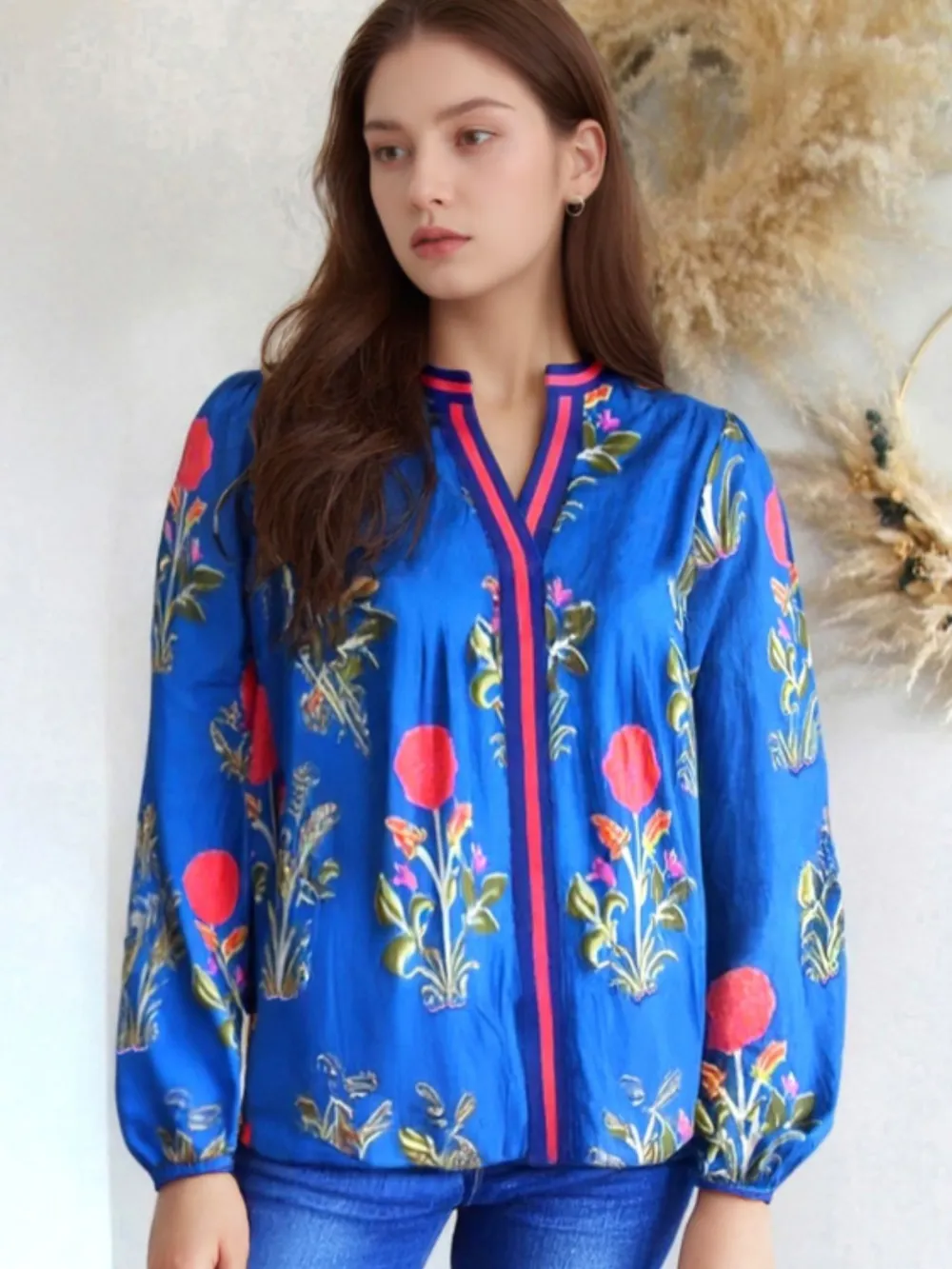 Floral Notched Balloon Sleeve Blouse, image 3
