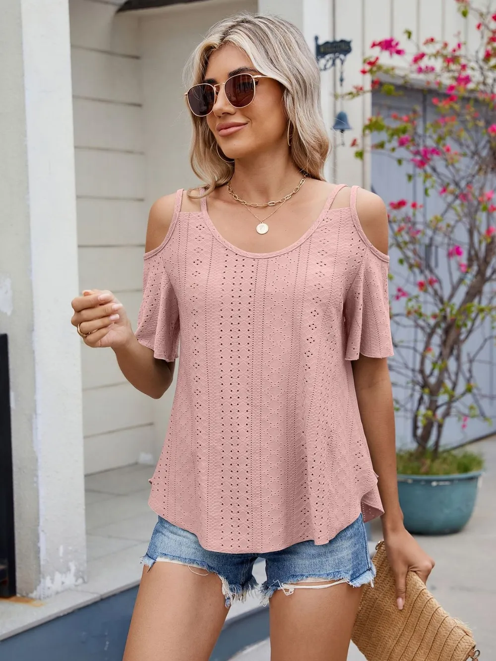 Round Neck Cold Shoulder Eyelet T-Shirt, image 12