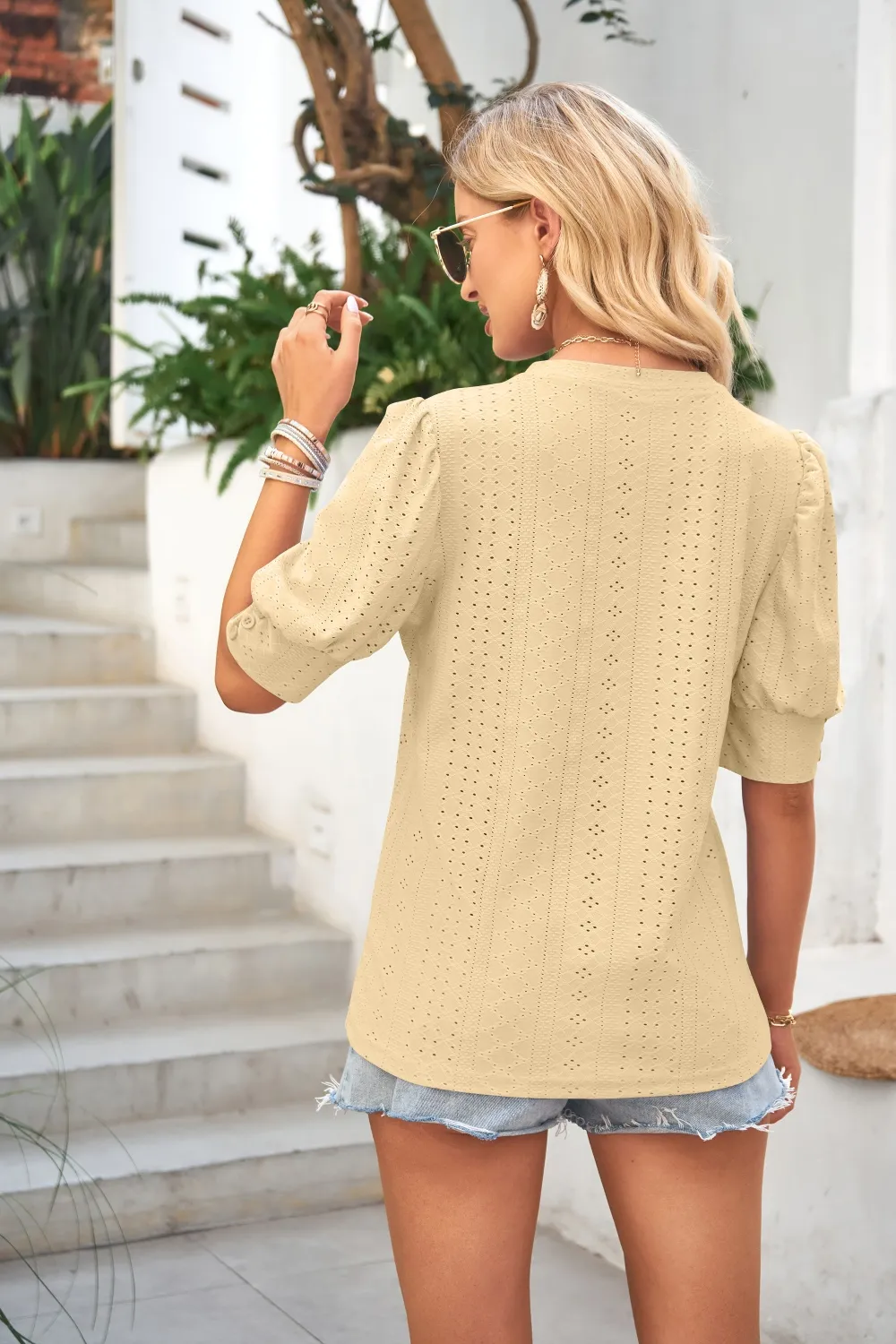 Openwork Round Neck Short Sleeve Blouse, image 22