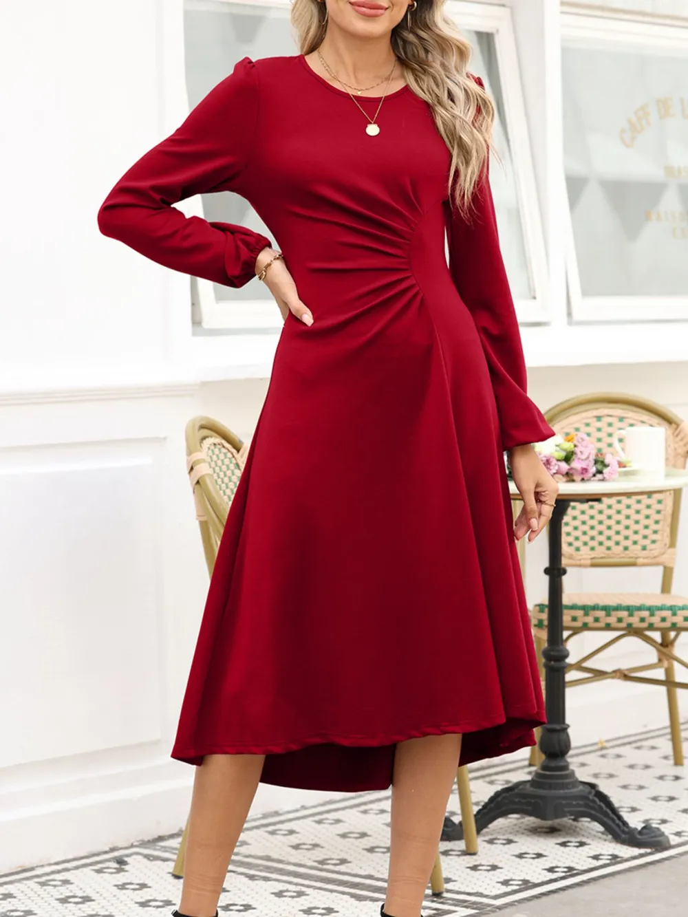 Solid Color Ruched Detail Long Sleeve Midi Dress, image 9