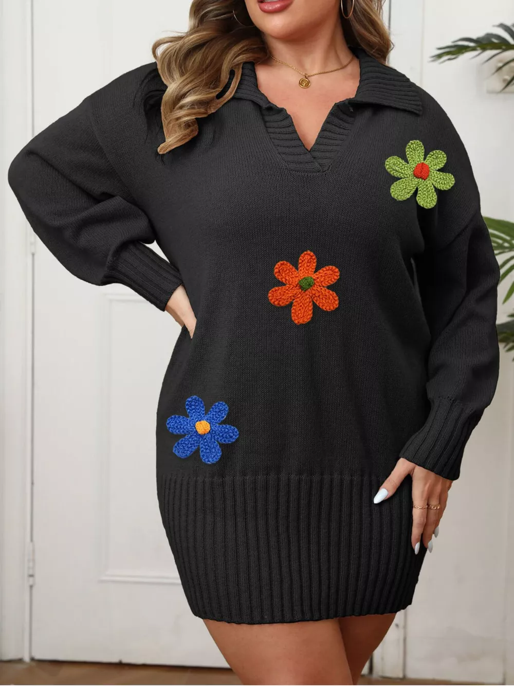 Plus Size Floral Applique Ribbed Hem Sweater Dress, image 9