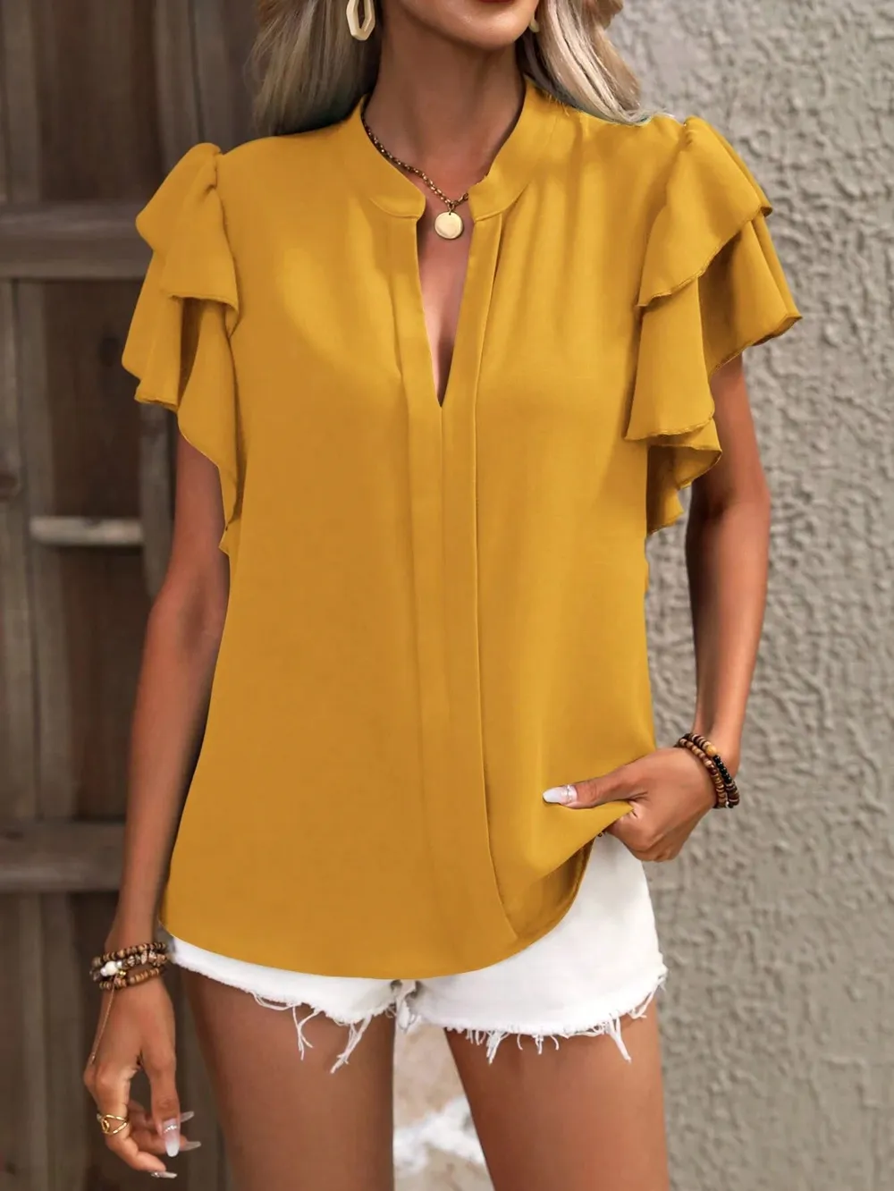 Ruffle Sleeve Notched Blouse, image 8