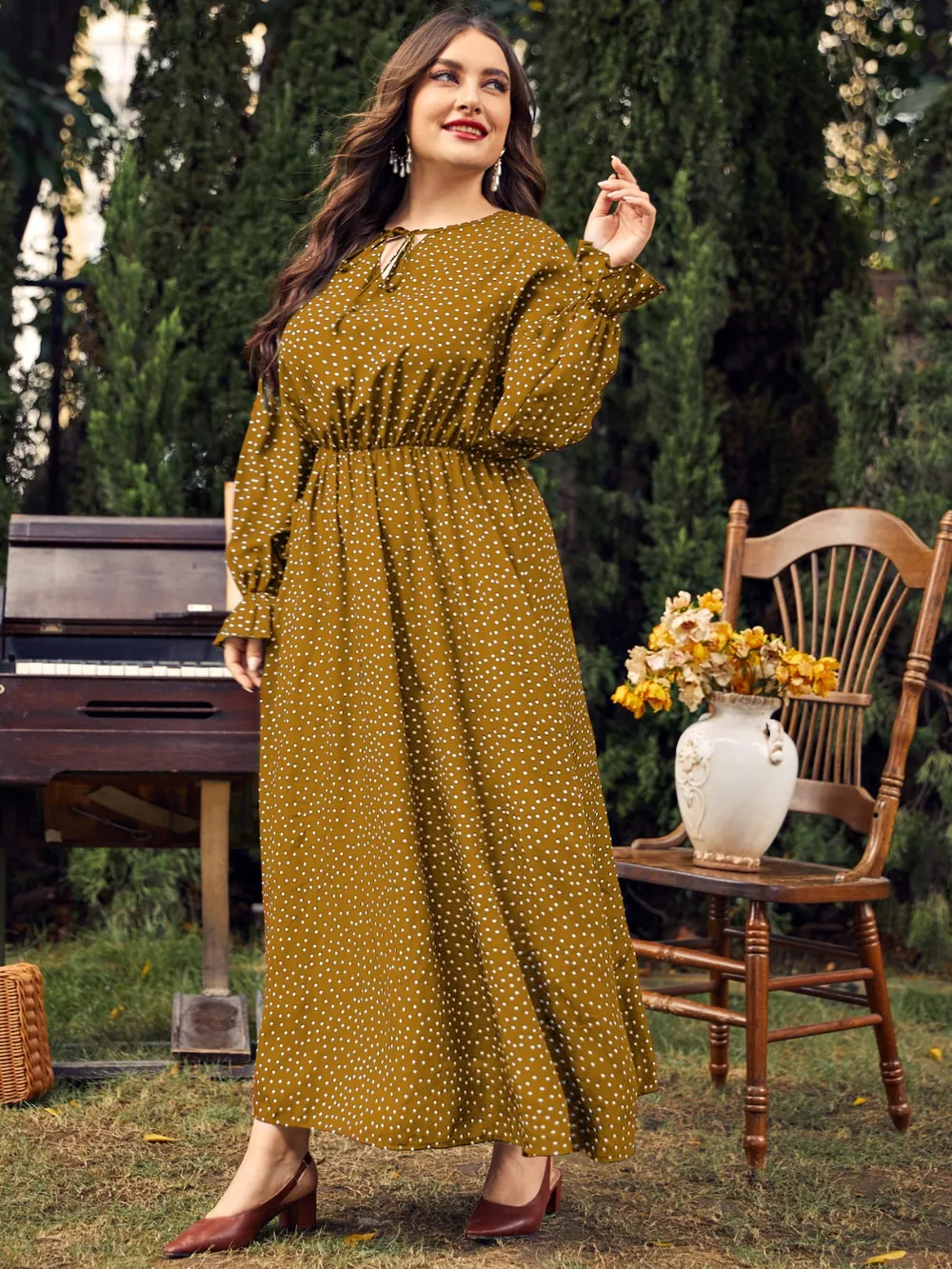 Plus Size Ruffled Polka Dot Long Sleeve Midi Dress, image 8