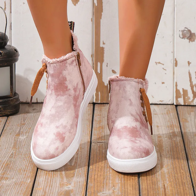 Lace-Up Round Toe Canvas Boots with Side Zip