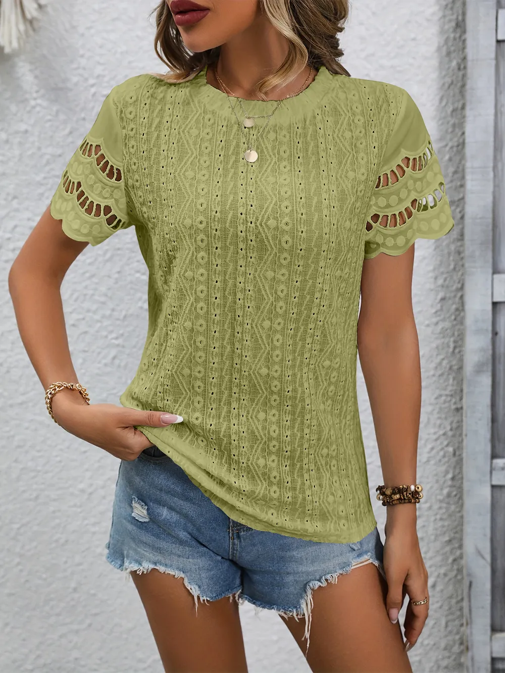 Full Size Eyelet Round Neck Short Sleeve Top, image 10
