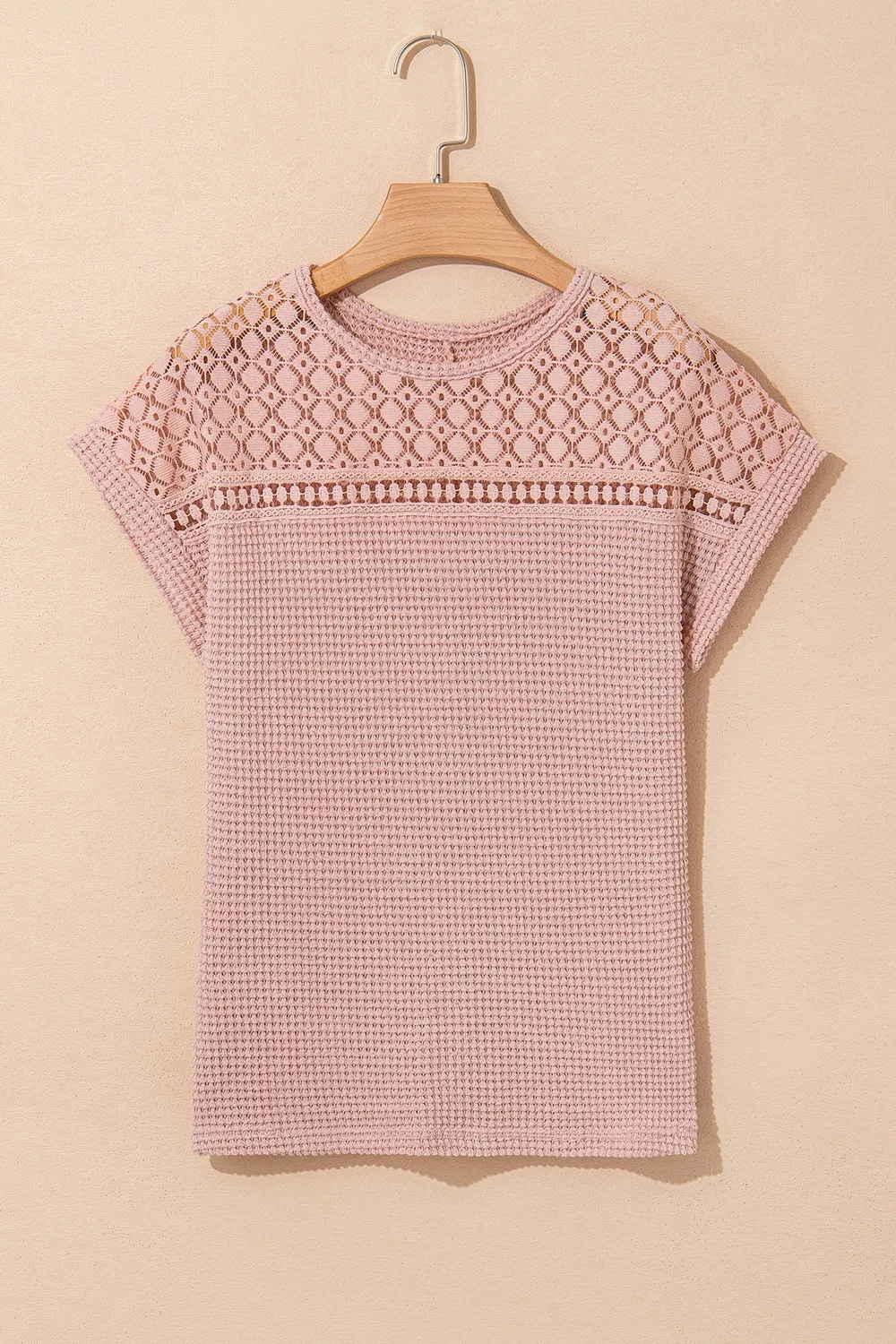 Lace Patchwork Waffle Short Sleeve Knit Top, image 4