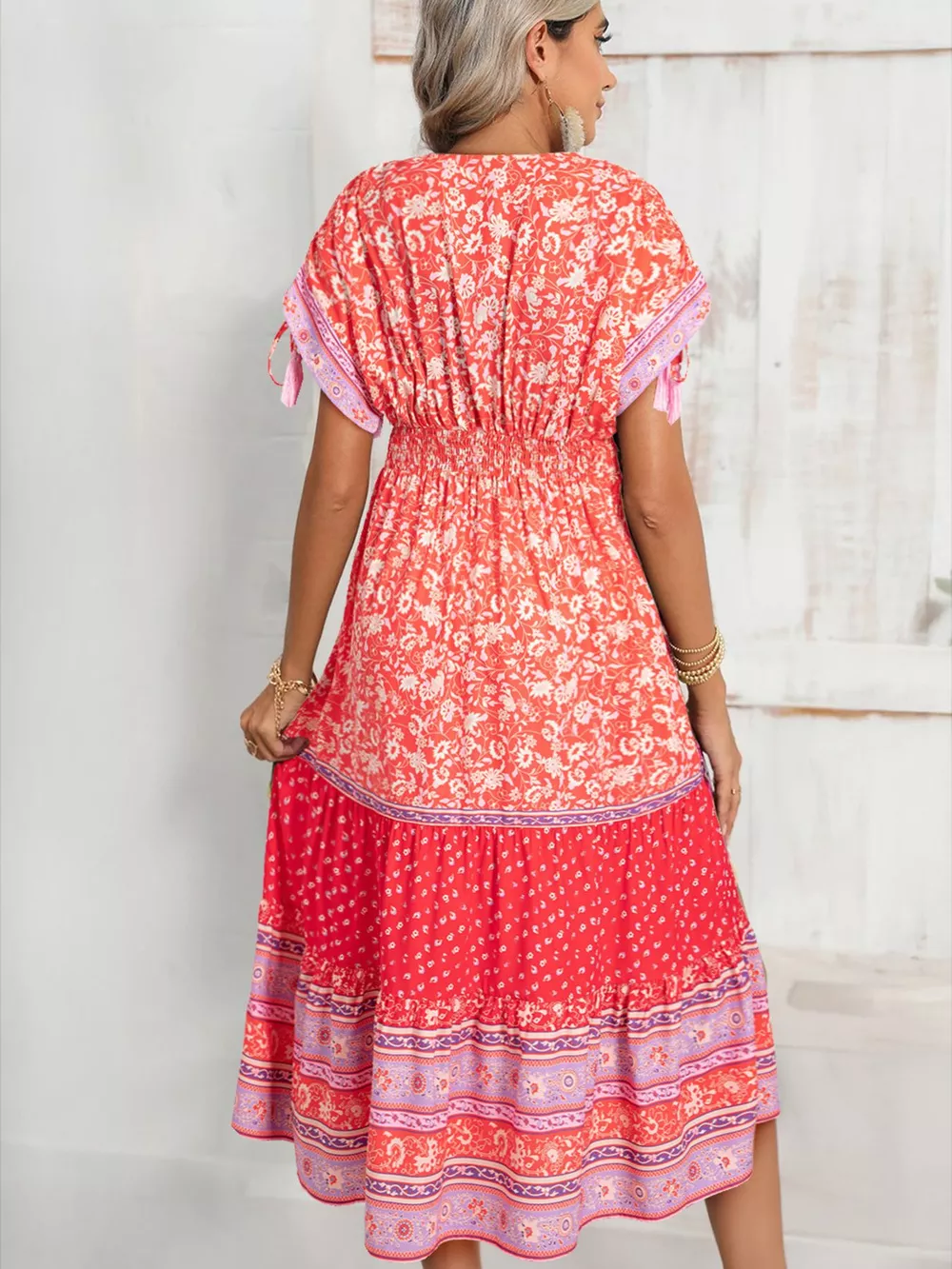 Floral Print Tasseled Tied Sleeve Empire Waist Dress, image 2