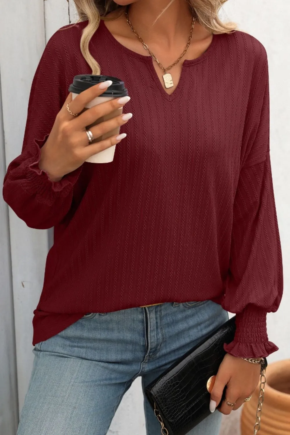 Textured Notched Lantern Sleeve T-Shirt, image 10