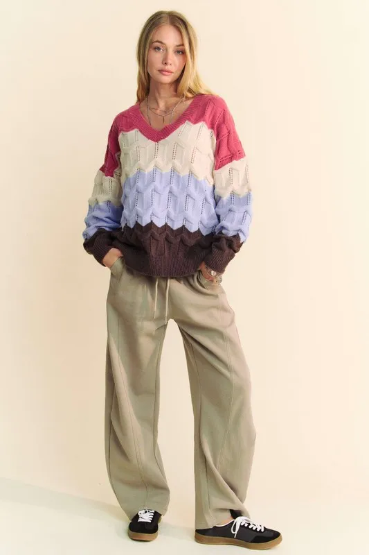 Wavy Texture Color Block V-Neck Sweater, image 5