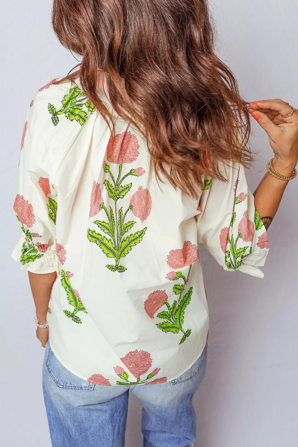 Floral Print Notched Ruffled Sleeve Blouse, image 2