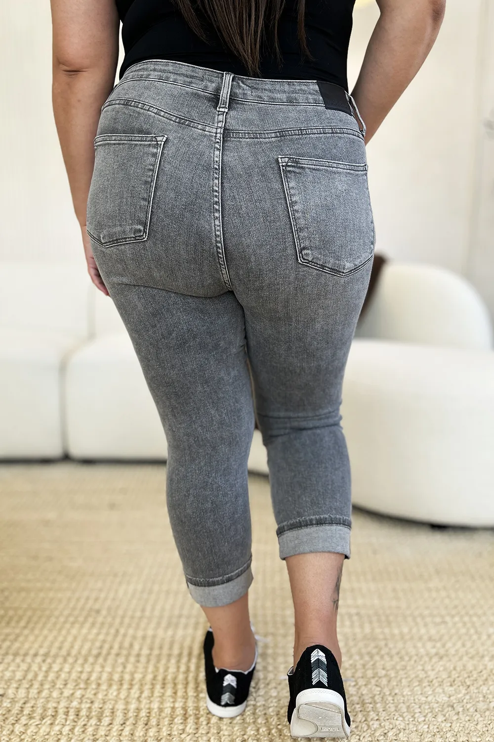 Full Size Button Fly High Waist Cuffed Capris, image 12