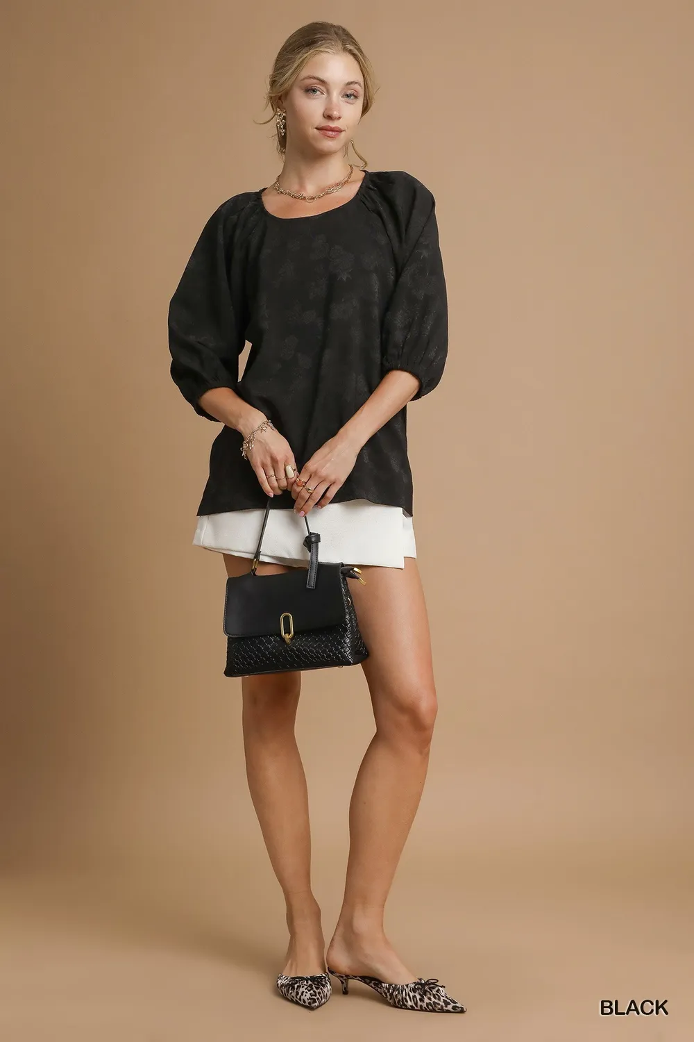 Satin Jacquard Balloon Sleeve Blouse, image 2