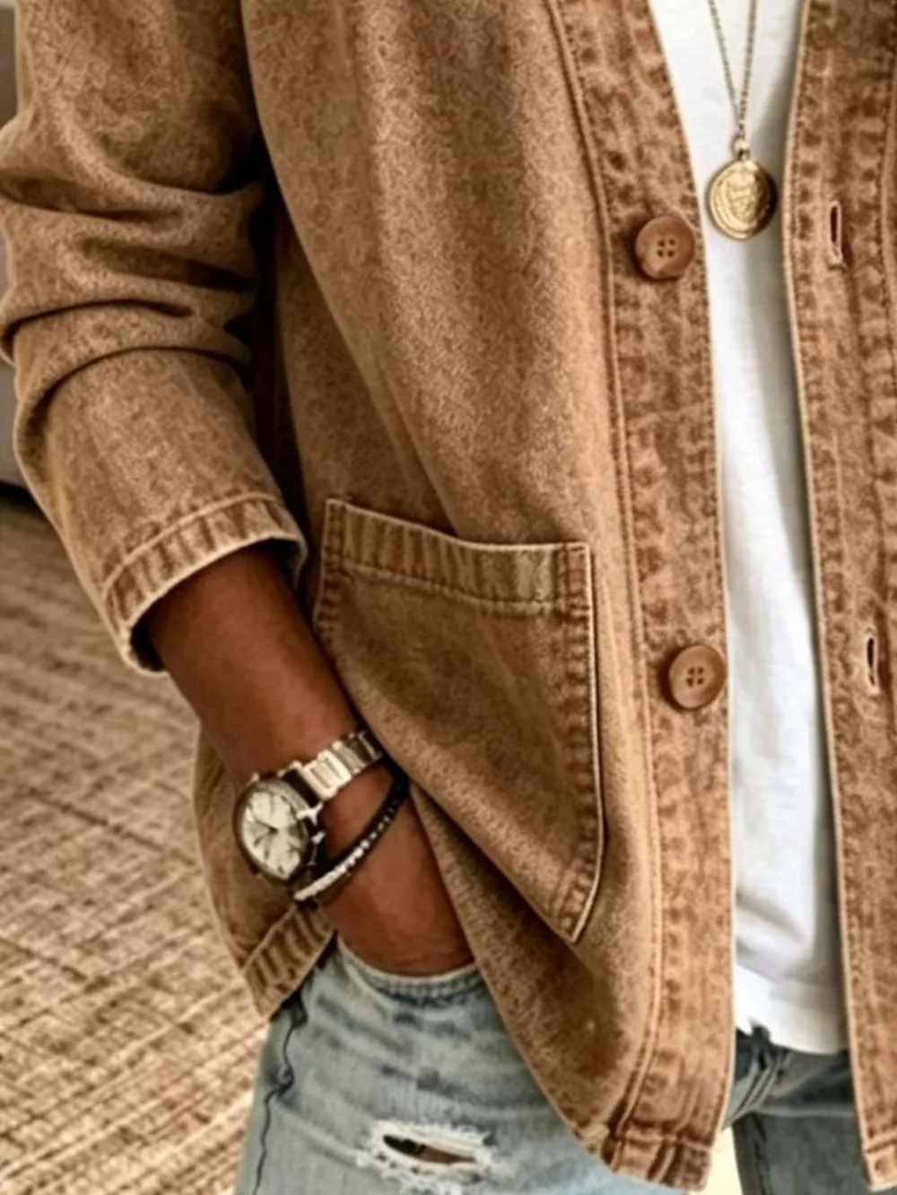 V-Neck Button-Down Denim Jacket, image 6