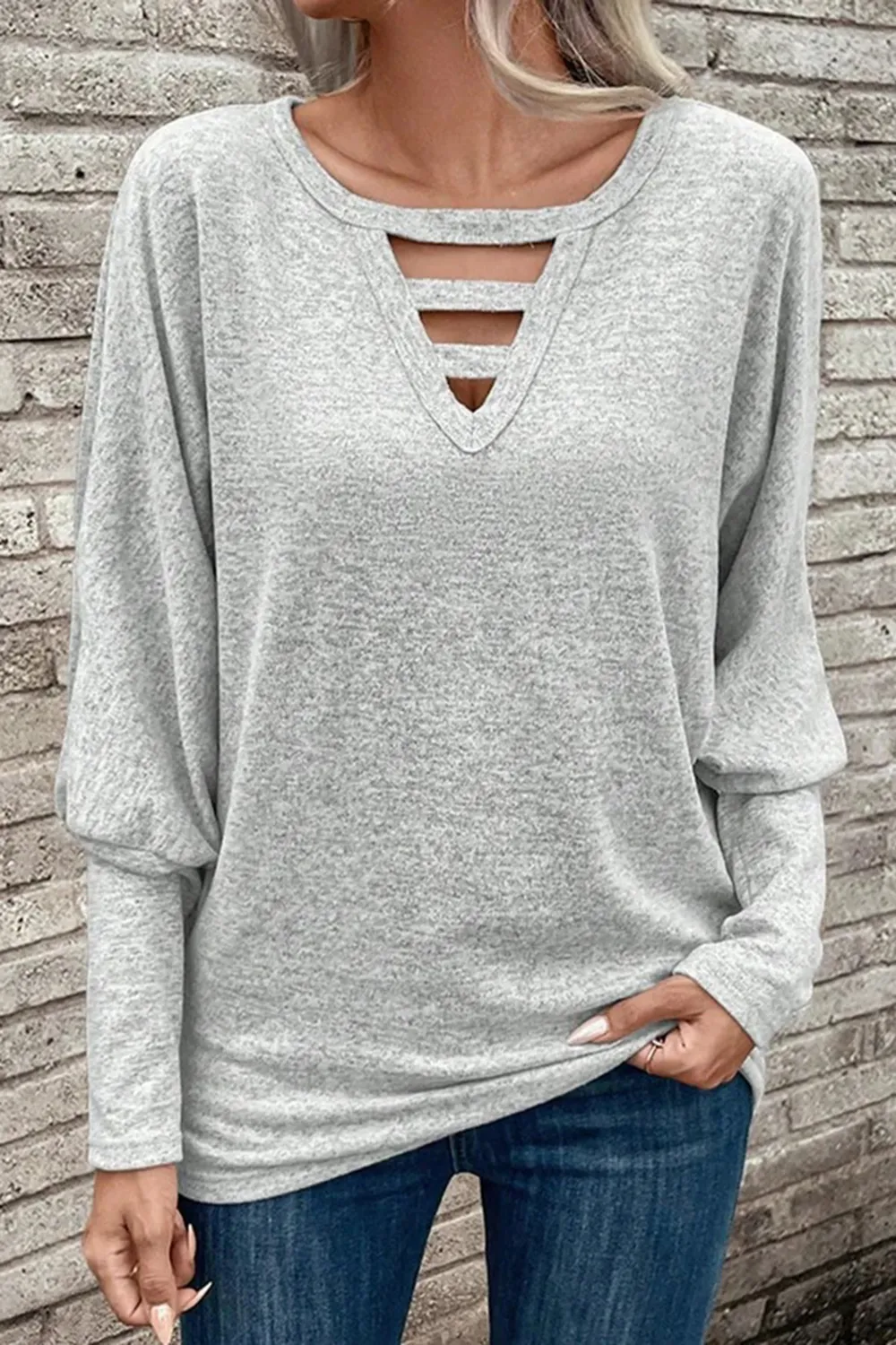 Cutout Round Neck Long Sleeve T-Shirt, image 2