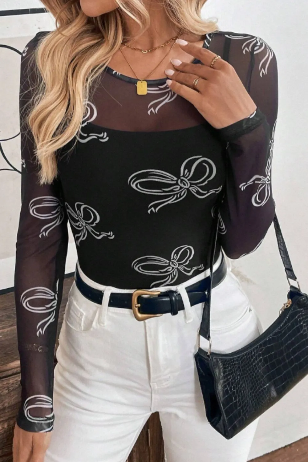 Bow Round Neck Long Sleeve Top, image 2