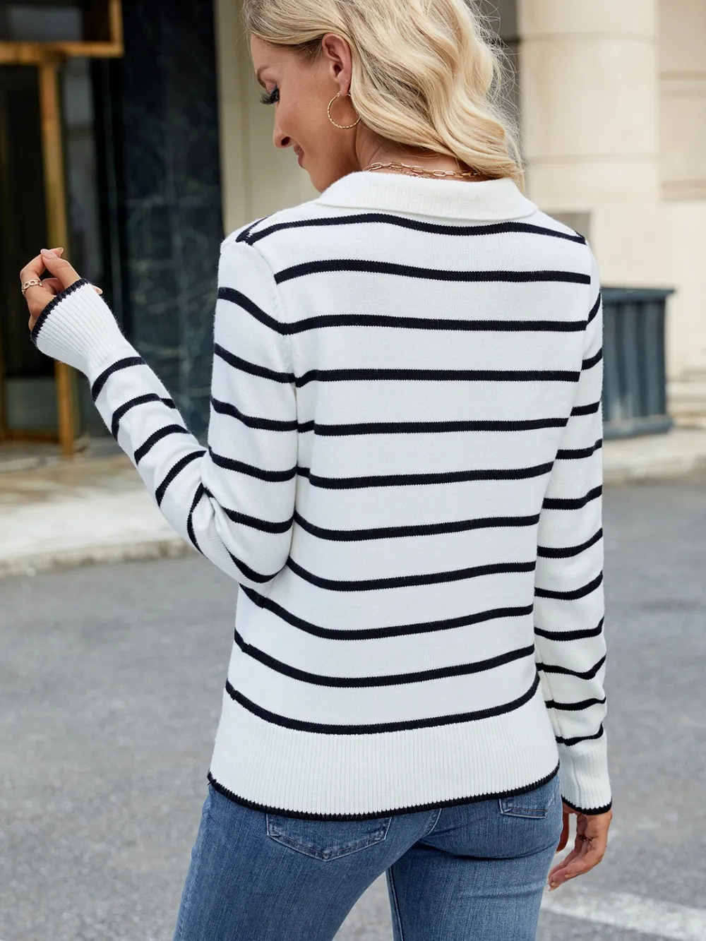 Striped Johnny Collar Long Sleeve Sweater, image 8