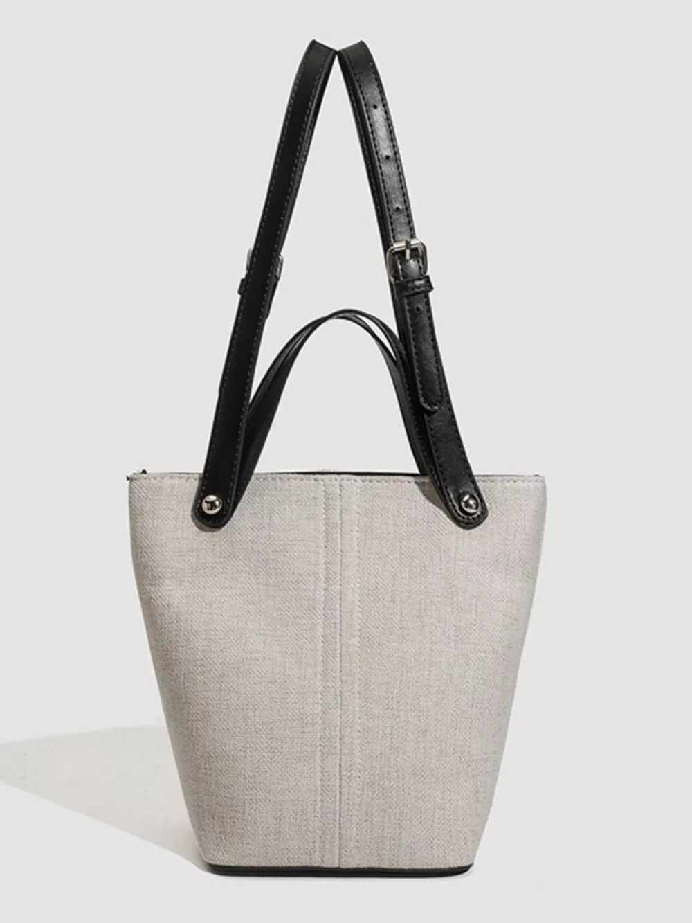 Canvas Bucket Handbag with Contrast Leather Straps, image 6