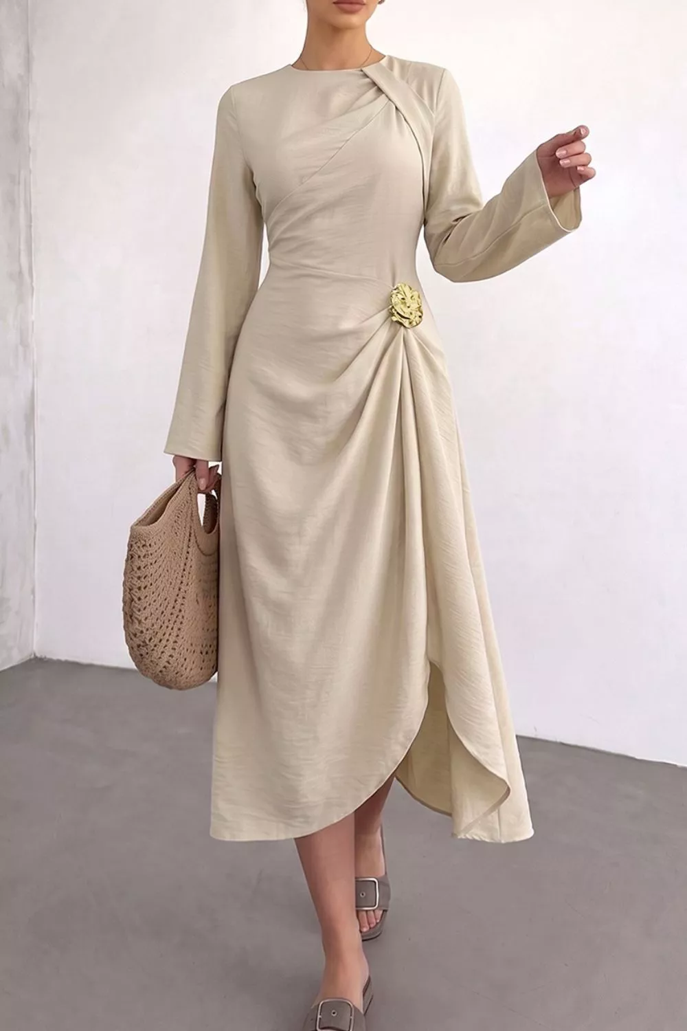 Ruched Long Sleeve Midi Dress, image 5