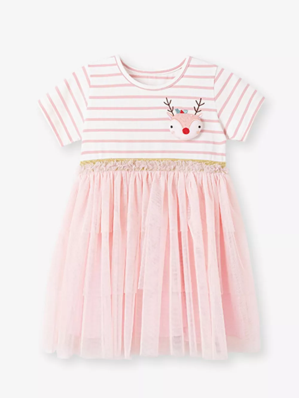 Children's Striped Tulle Dress with Reindeer Applique, image 2