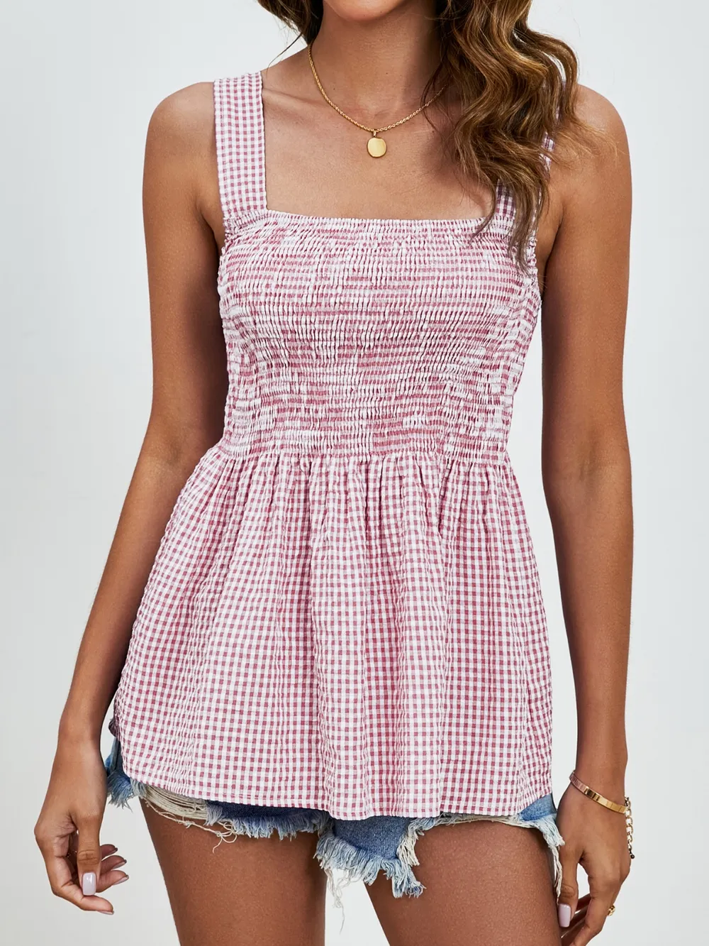 Smocked Plaid Square Neck Tank, image 2