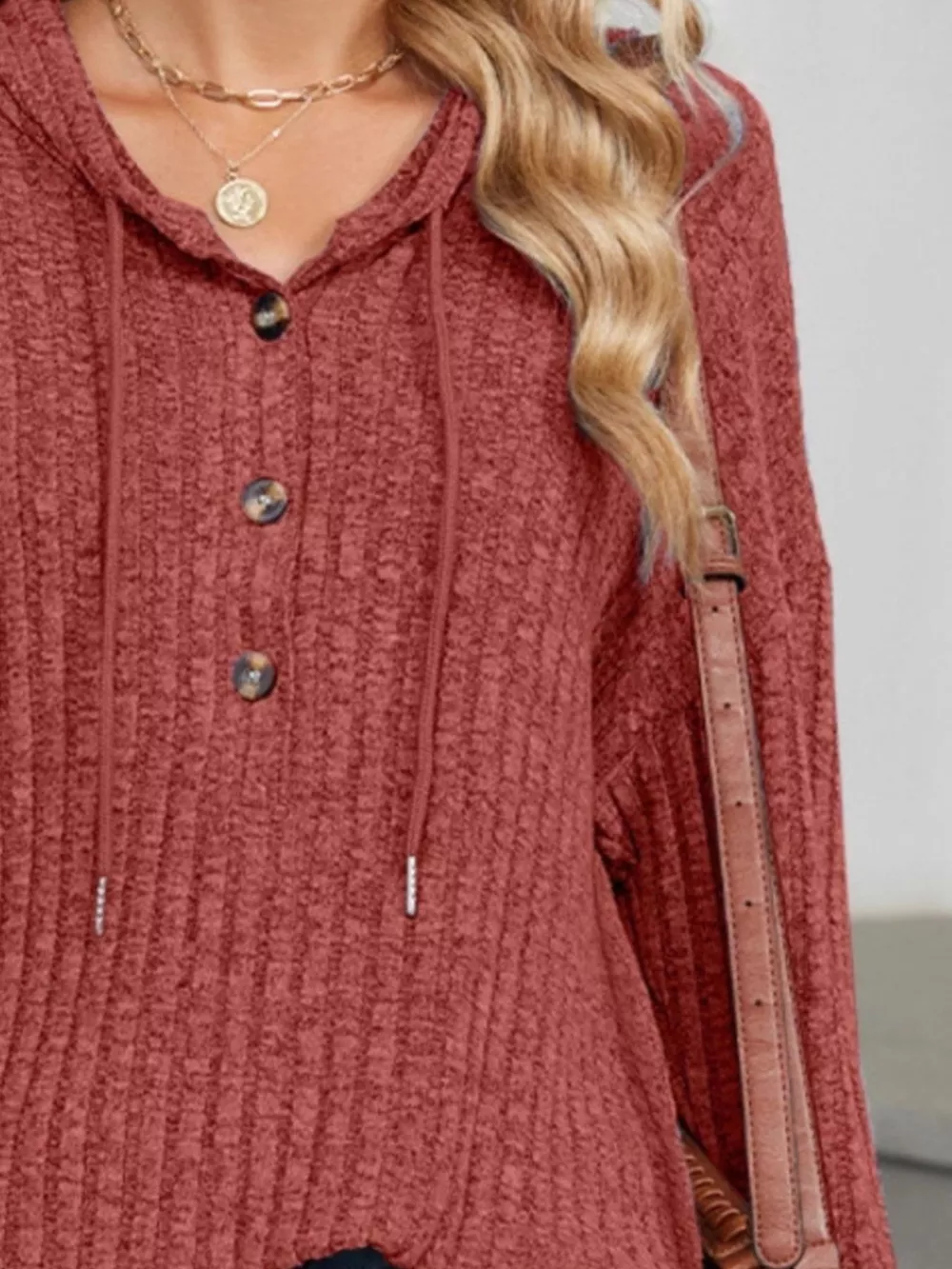 Casual Ribbed Knit Button Detail Hoodie, image 14