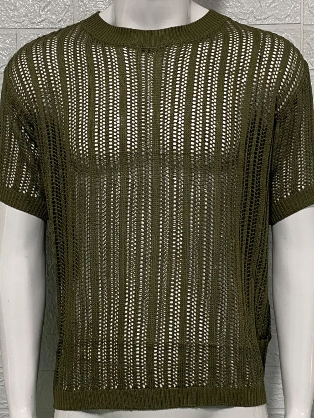 Men's Openwork Round Neck Knit T-Shirt, image 7