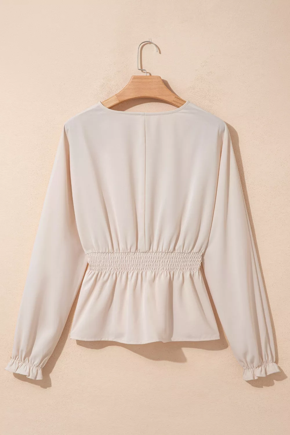 V Neck Long Sleeve Smocked Waist Elegant Blouse, image 4