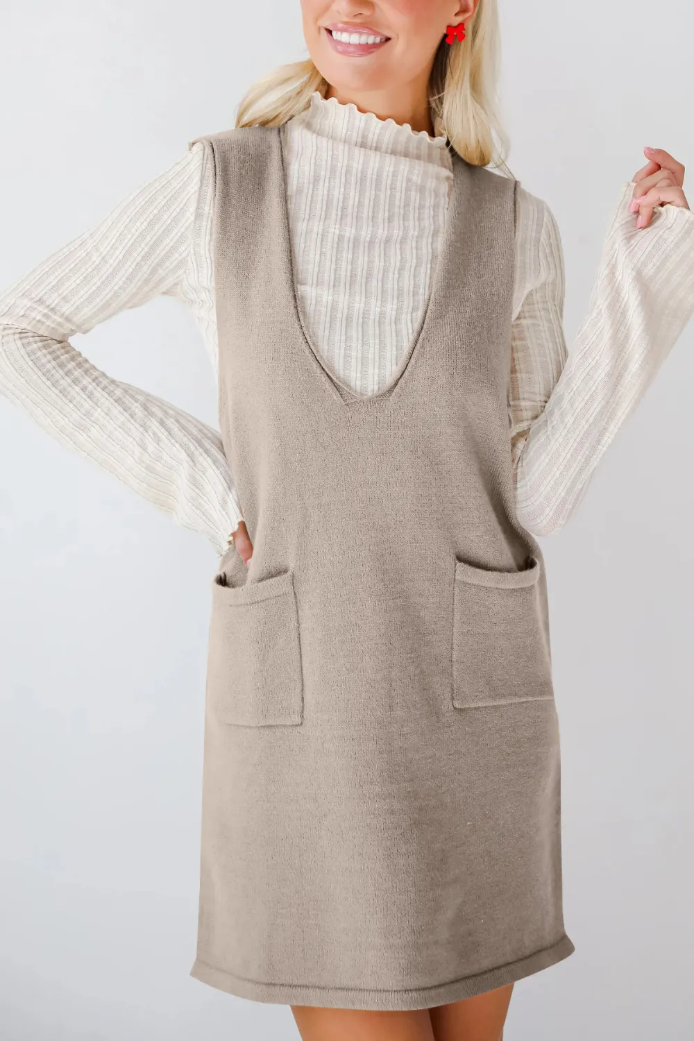 Pocketed V-Neck Mini Sweater Overall Dress, image 15