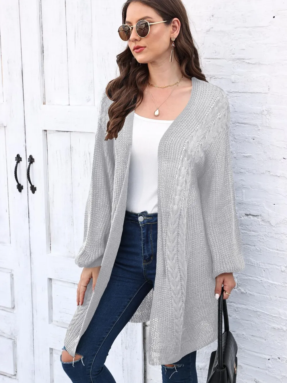 Cable-Knit Open Front Long Sleeve Cardigan, image 8