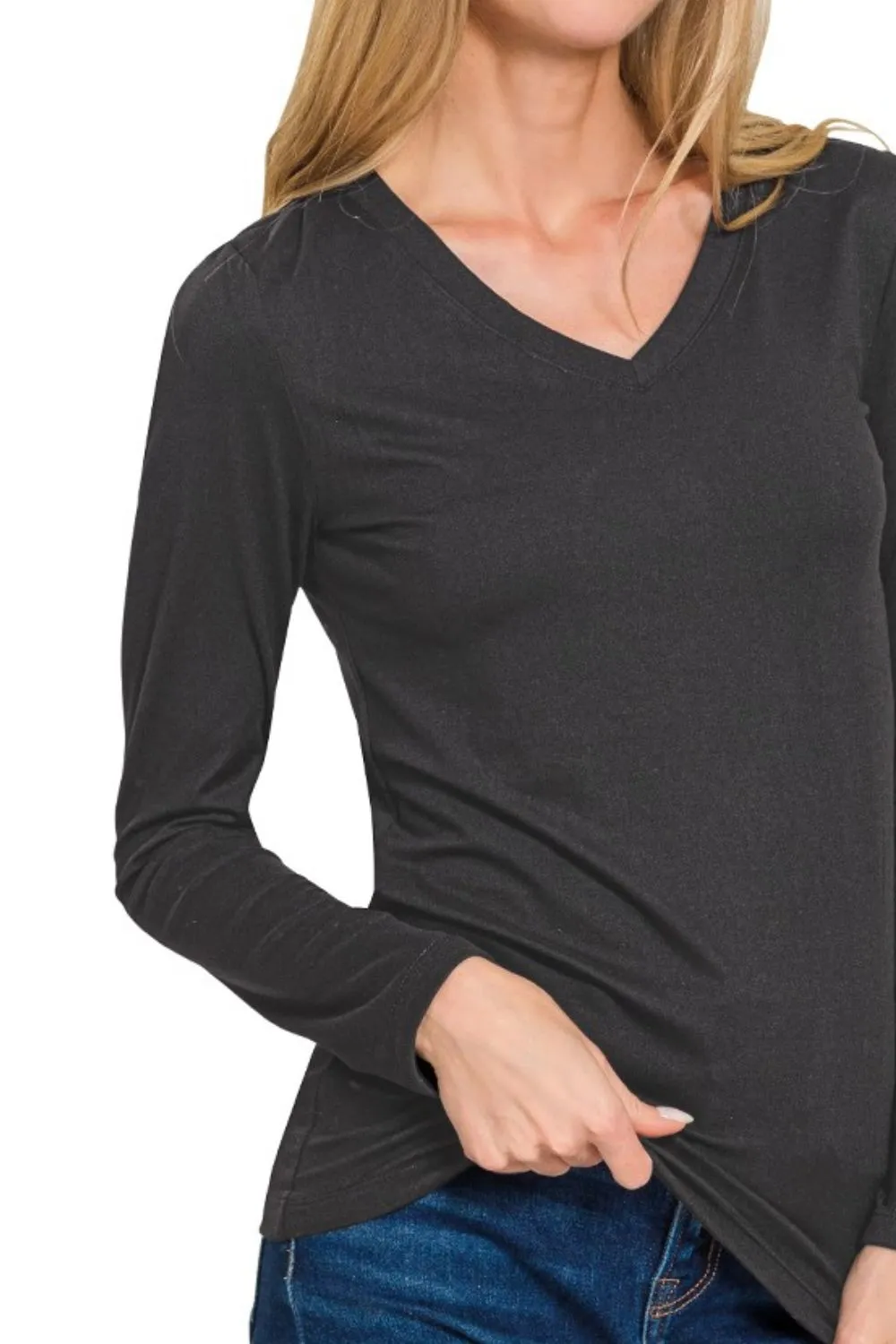 Brushed Microfiber Long Sleeve V-neck Tee, image 2