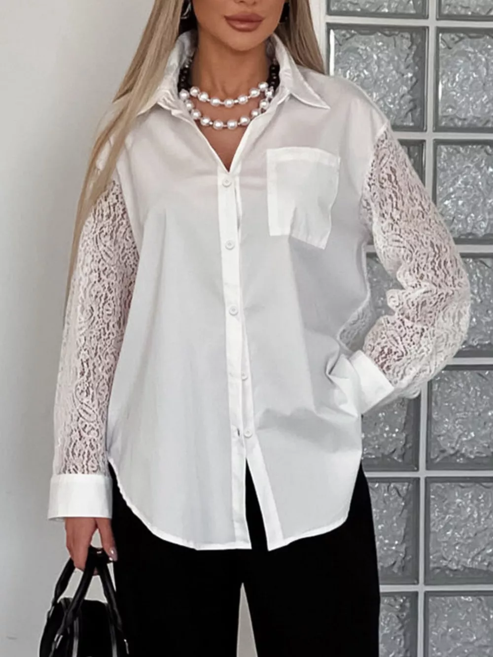 Lace Sleeve Button-Down Shirt, image 2