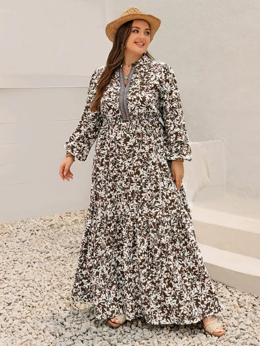 Plus Size Floral Print Long Sleeve Maxi Dress