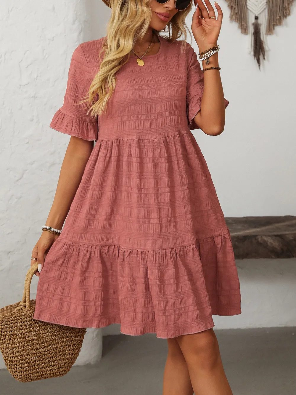 Ruffled Ruched Round Neck Half Sleeve Dress, image 11