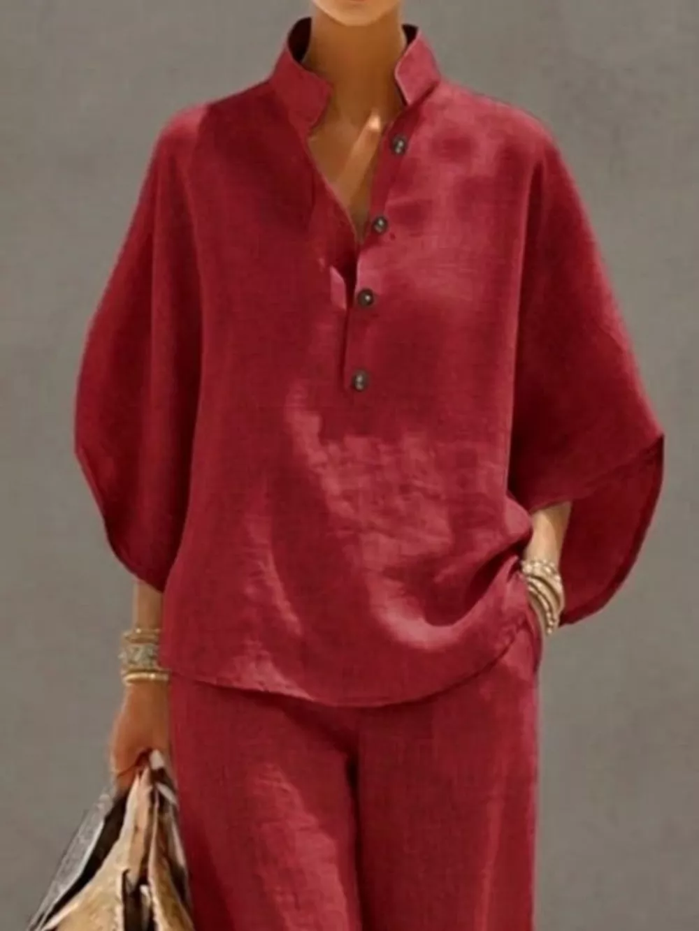 Full Size Button Detail 3/4 Sleeve Top and Pants Set Plus Size, image 10
