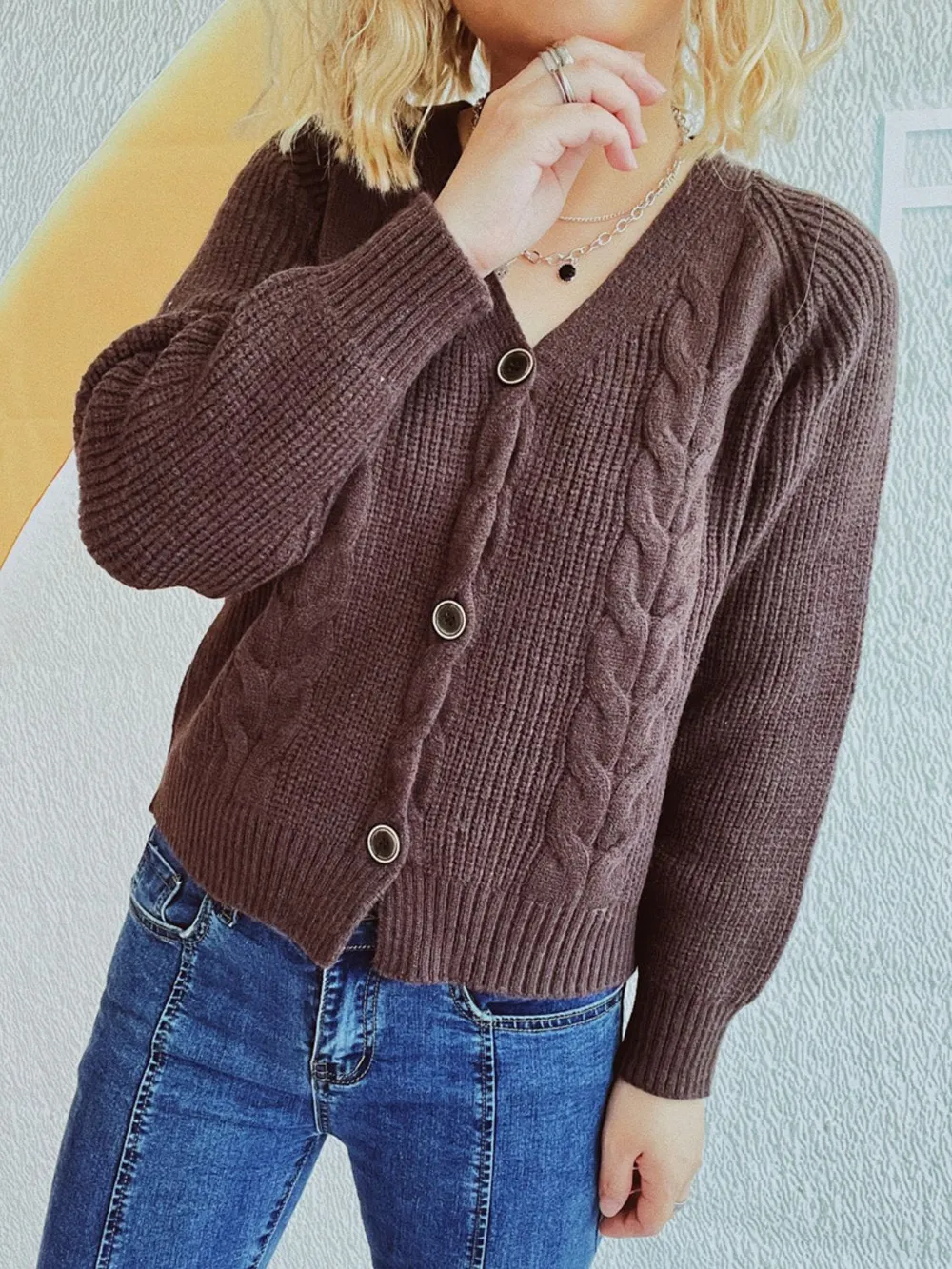 Cable-Knit V-Neck Button Down Long Sleeve Cardigan, image 6