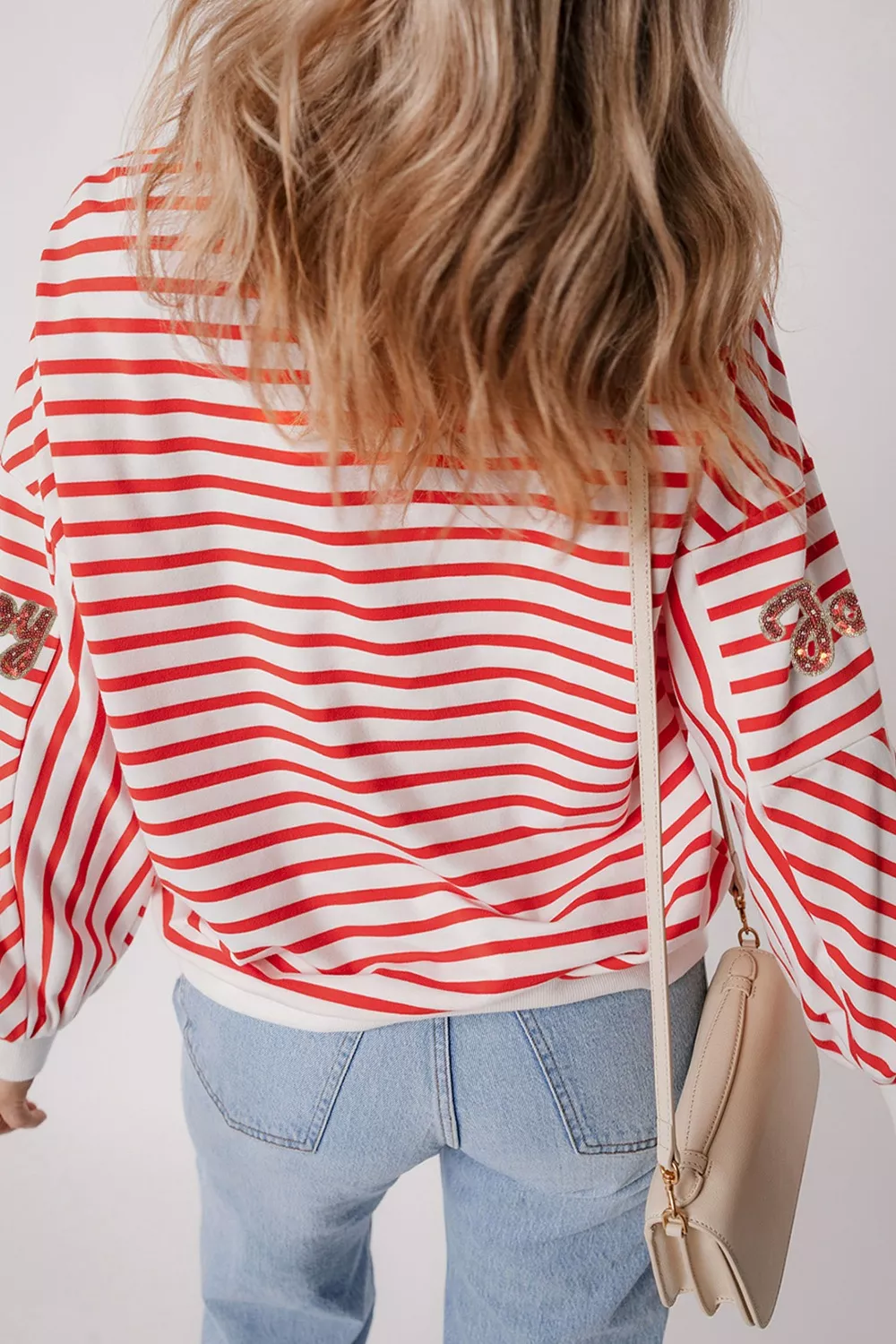 Stripe Sequined Joy Pattern Patchwork Sleeve Round Neck Sweatshirt, image 5