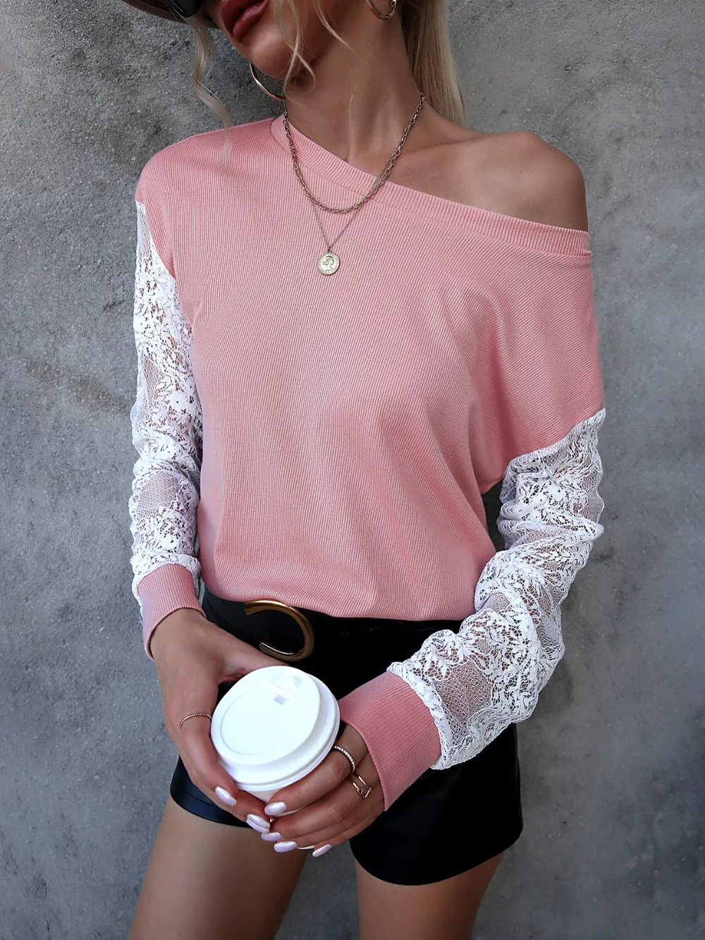 Lace Detail Round Neck Dropped Shoulder T-Shirt, image 2