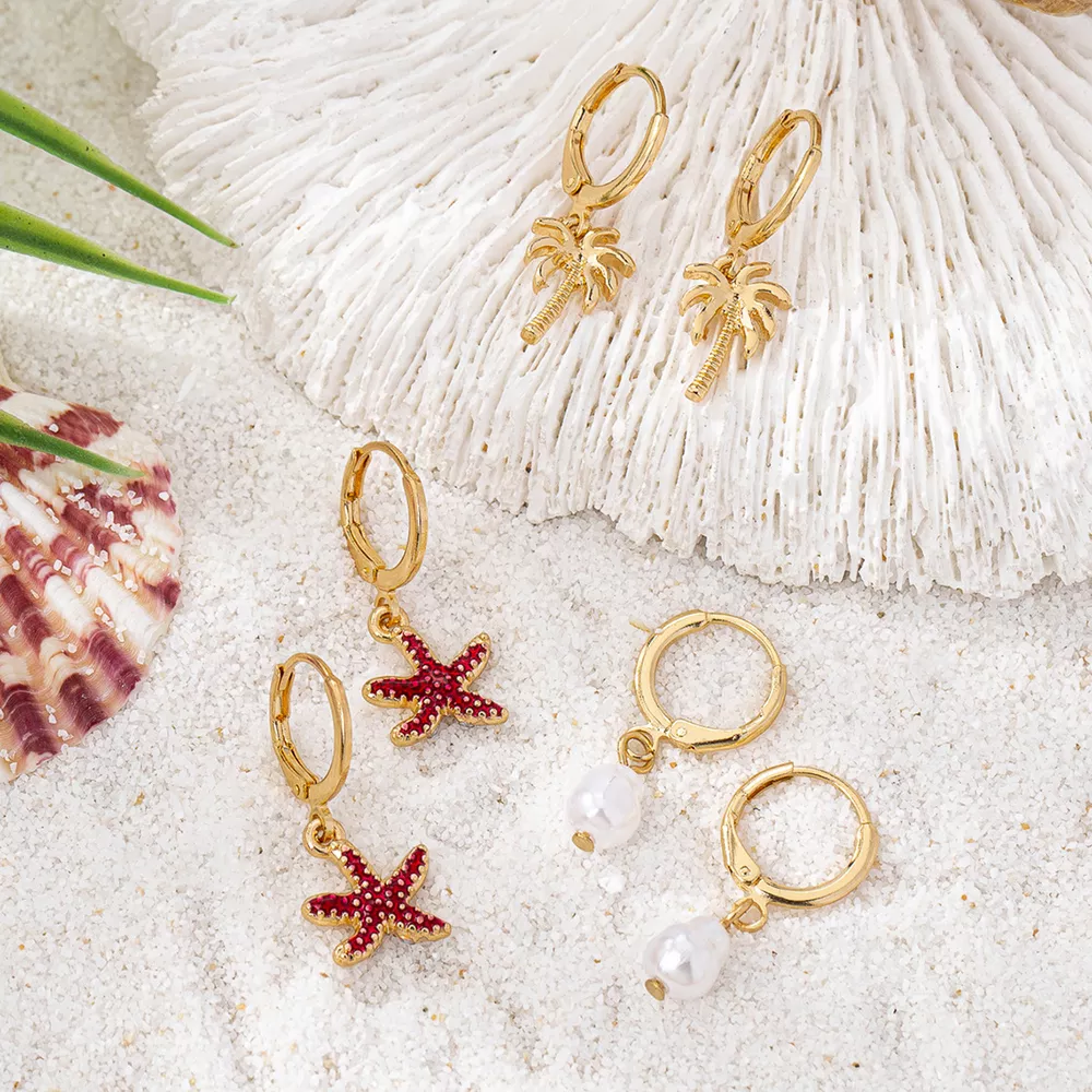3-Pair 18K Gold-Plated Alloy Drop Earrings, image 2