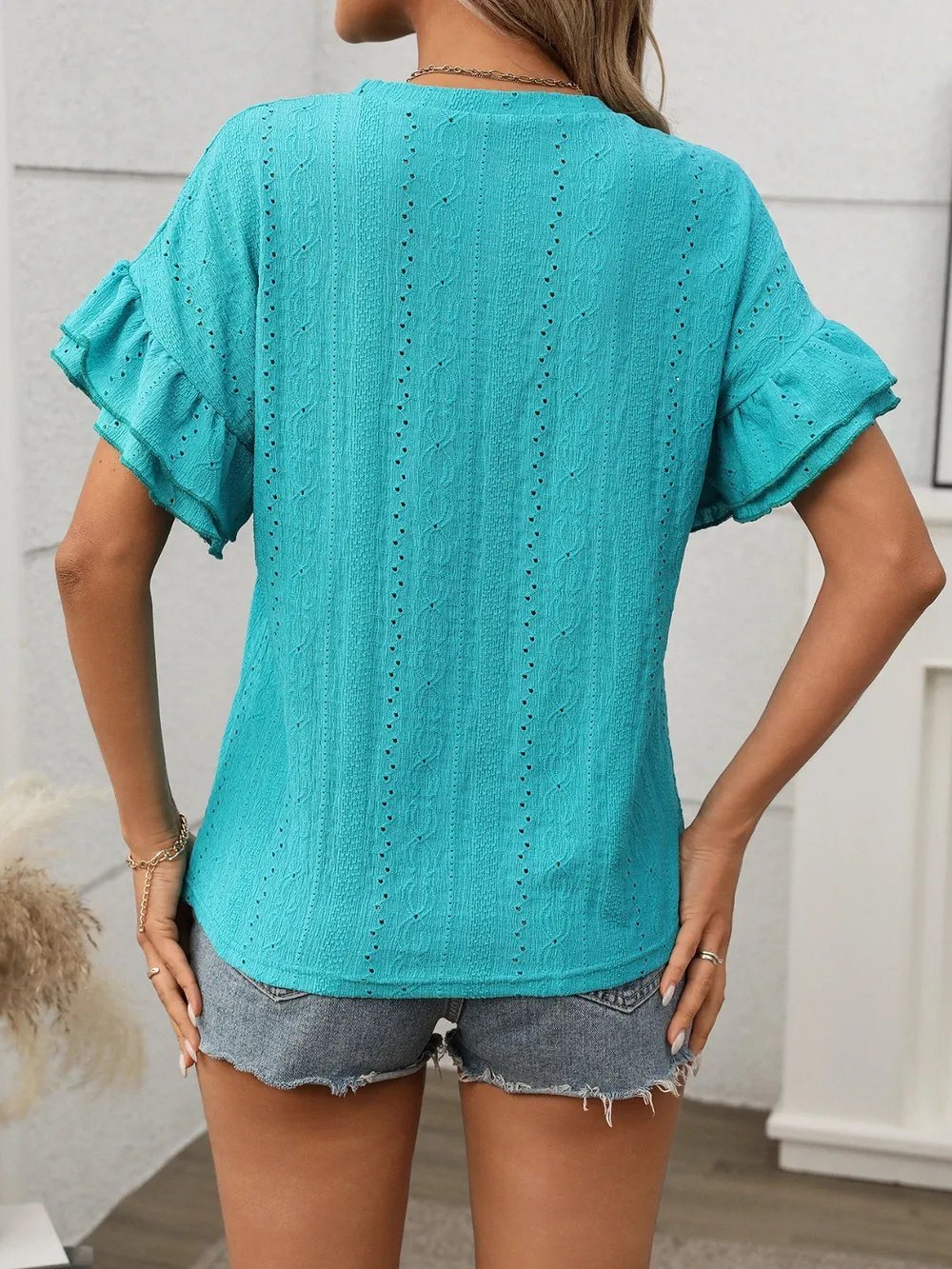 Eyelet Round Neck Flounce Sleeve Top, image 7
