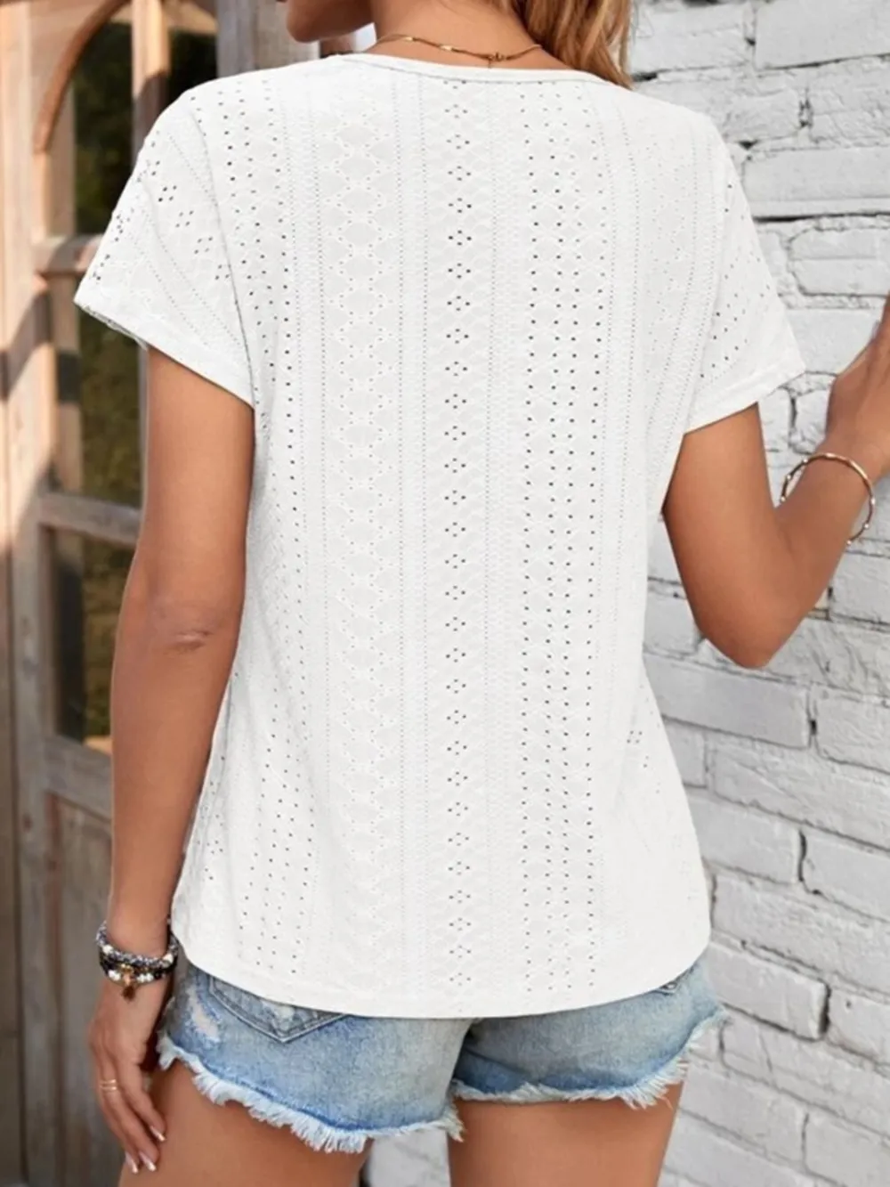 Eyelet V-Neck Short Sleeve T-Shirt, image 8