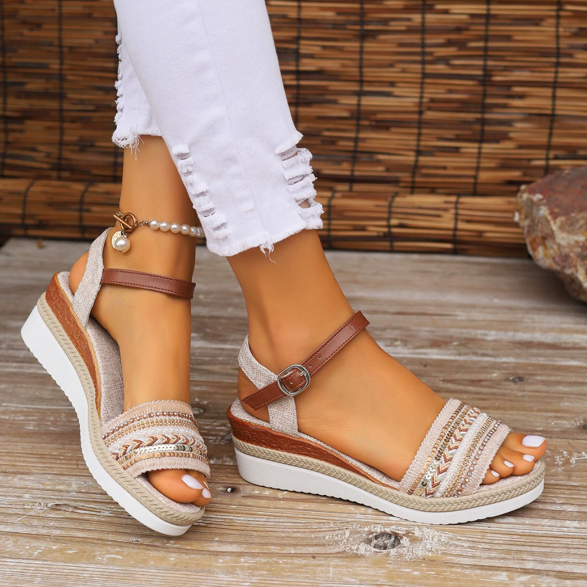 Rhinestone Open Toe Wedge Sandals, image 3