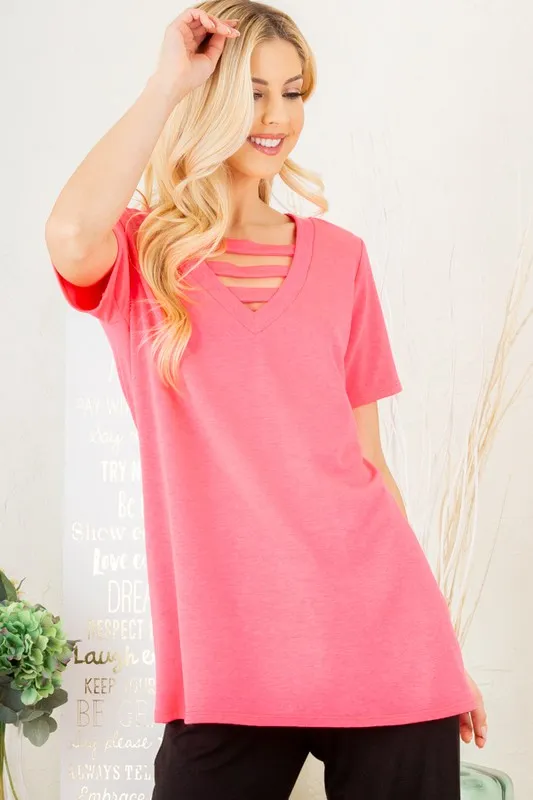 Full Size V-Neck Short Sleeve T-Shirt with Bar Detail Plus Size, image 6